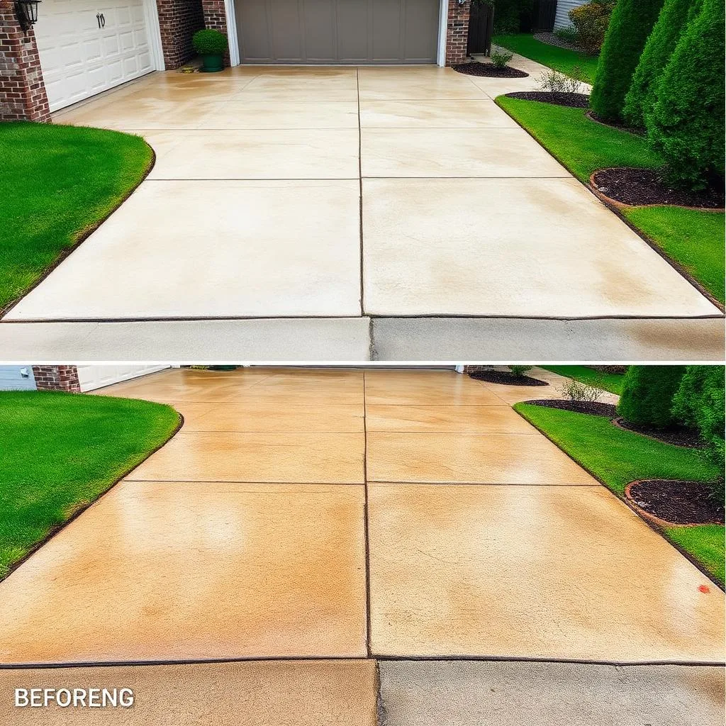 Driveway before and after pressure washing