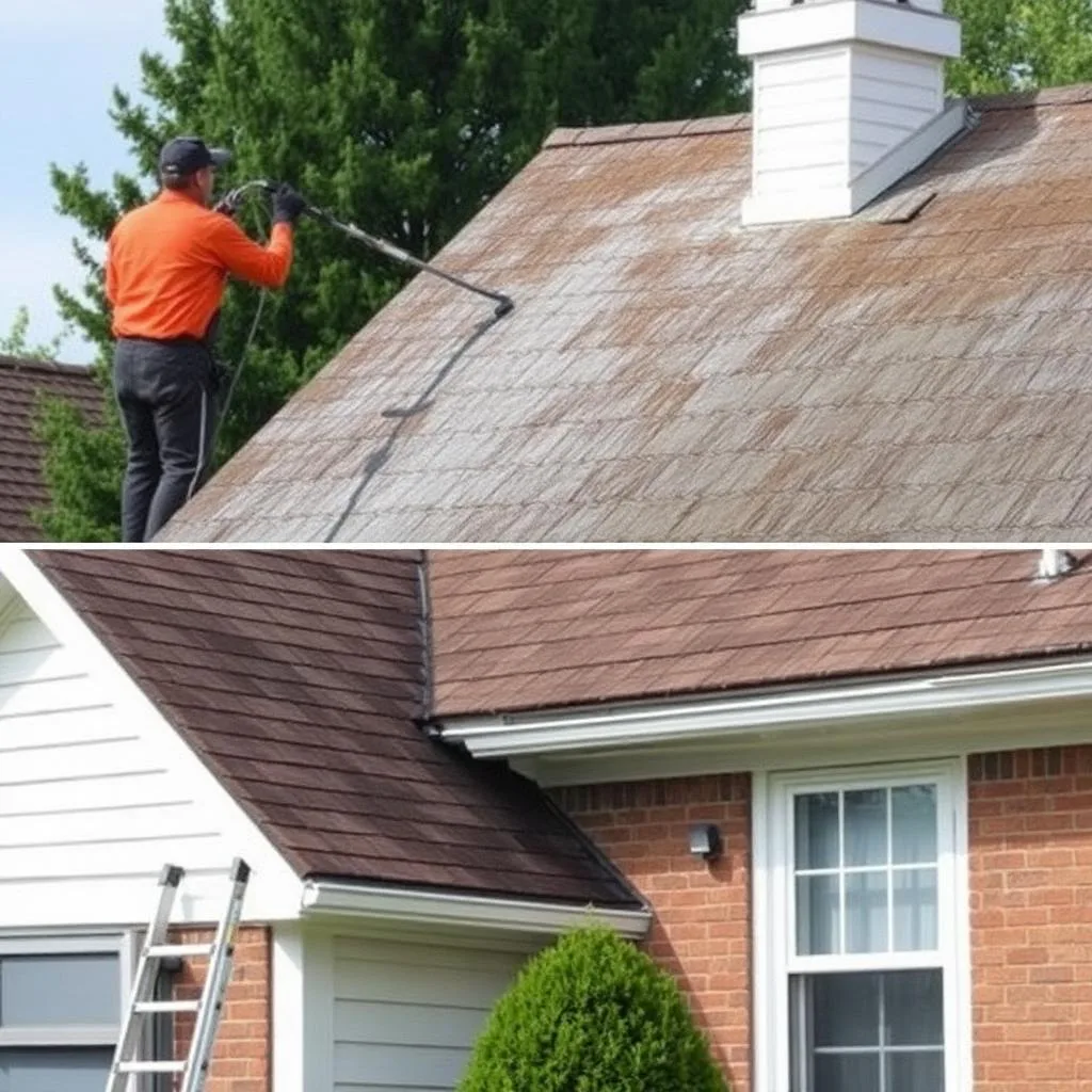 Roof soft wash removing algae stains